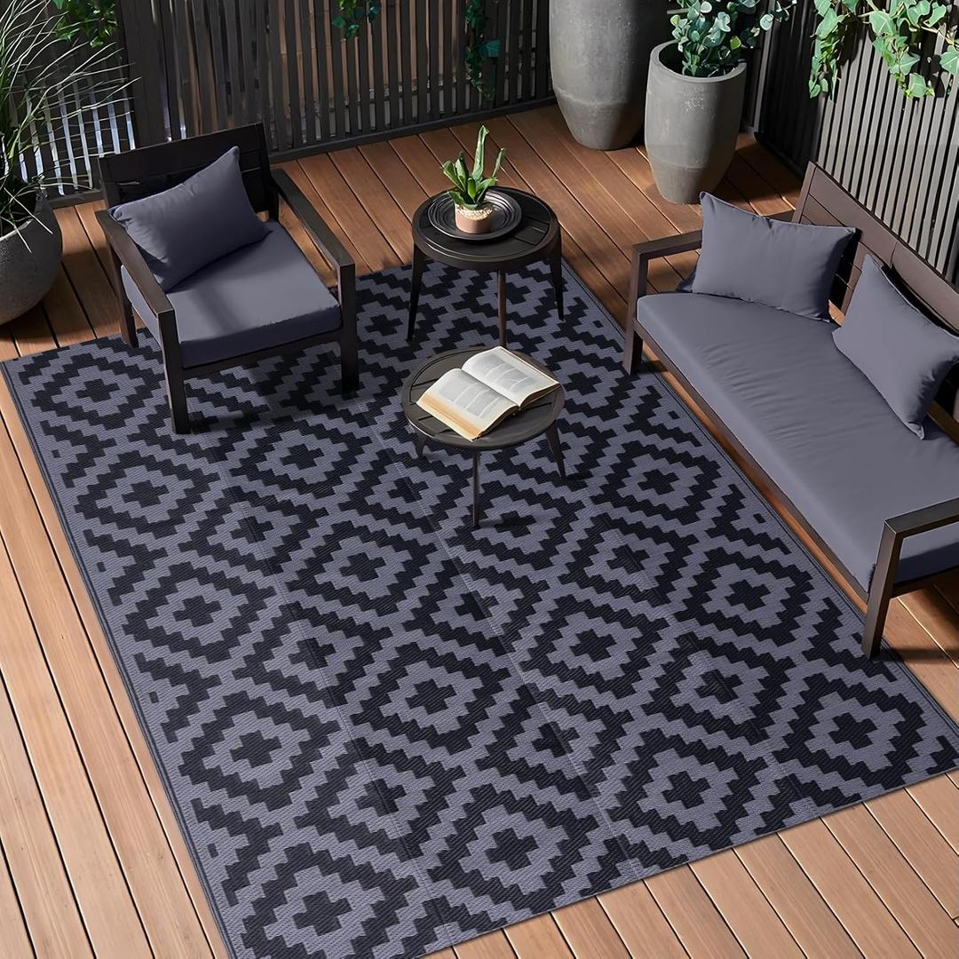 OLANLY Waterproof Outdoor Rug 5x8 ft, Outdoor Plastic Straw Rug for Camping, RV Mat Outside, Indoor Outdoor Carpet for Porch, Deck, Backyard, Balcony, Picnic, Black & Grey