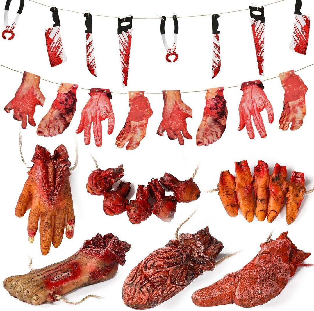 Halloween Decorations Blood Weapon Garland Banner Props Hanging Scary Fake Severed Hand Broken Body Parts for Haunted House Halloween Vampire Zombie Party Supplies (6pcs Body Parts)