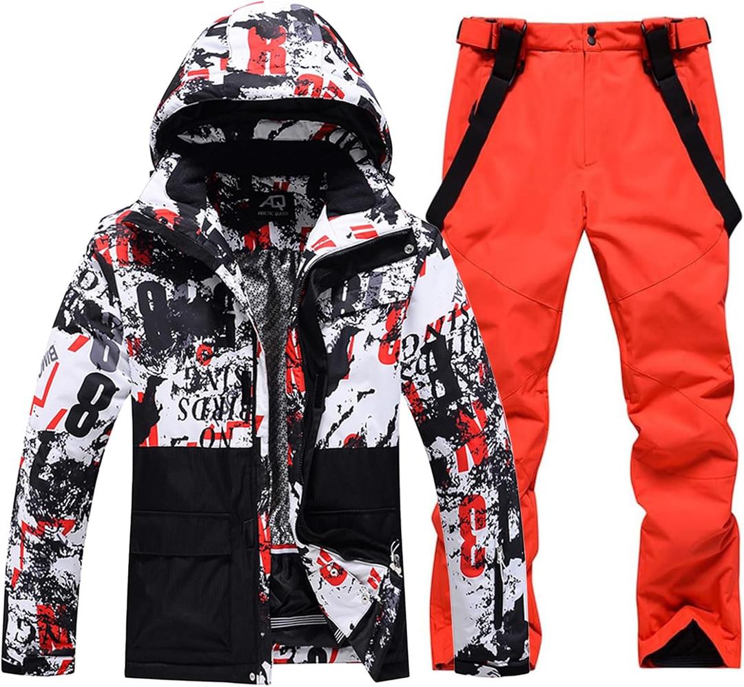 RIUIYELE Men's Ski Jacket and Pants Set Insulated Waterproof Snowsuits Winter Warm Outdoor Skiing Snowboard Jackets for Men, Size XL (Orange)