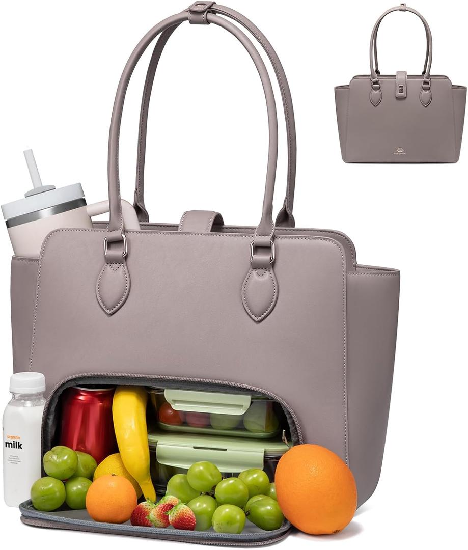 LOVEVOOK Lunch Tote Bag for Women, 2-in-1 Work Tote Bag with Lunch Compartment, Insulated Lunch Bag & 15.6 Inch Laptop Bag for Women, Ideal for Teacher, Nurse and Camping Use, Pink Mud