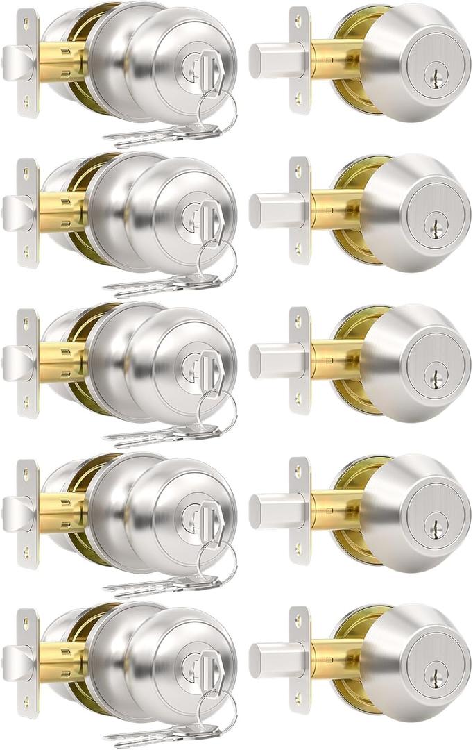 5 Pack Front Door Lock Set, Keyed Alike Exterior Door Lock Set with Deadbolt, Single Cylinder Deadbolt Lock and Entry Door Knob Set,Round Ball Brushed Nickel Door Knobs with Lock and Keys