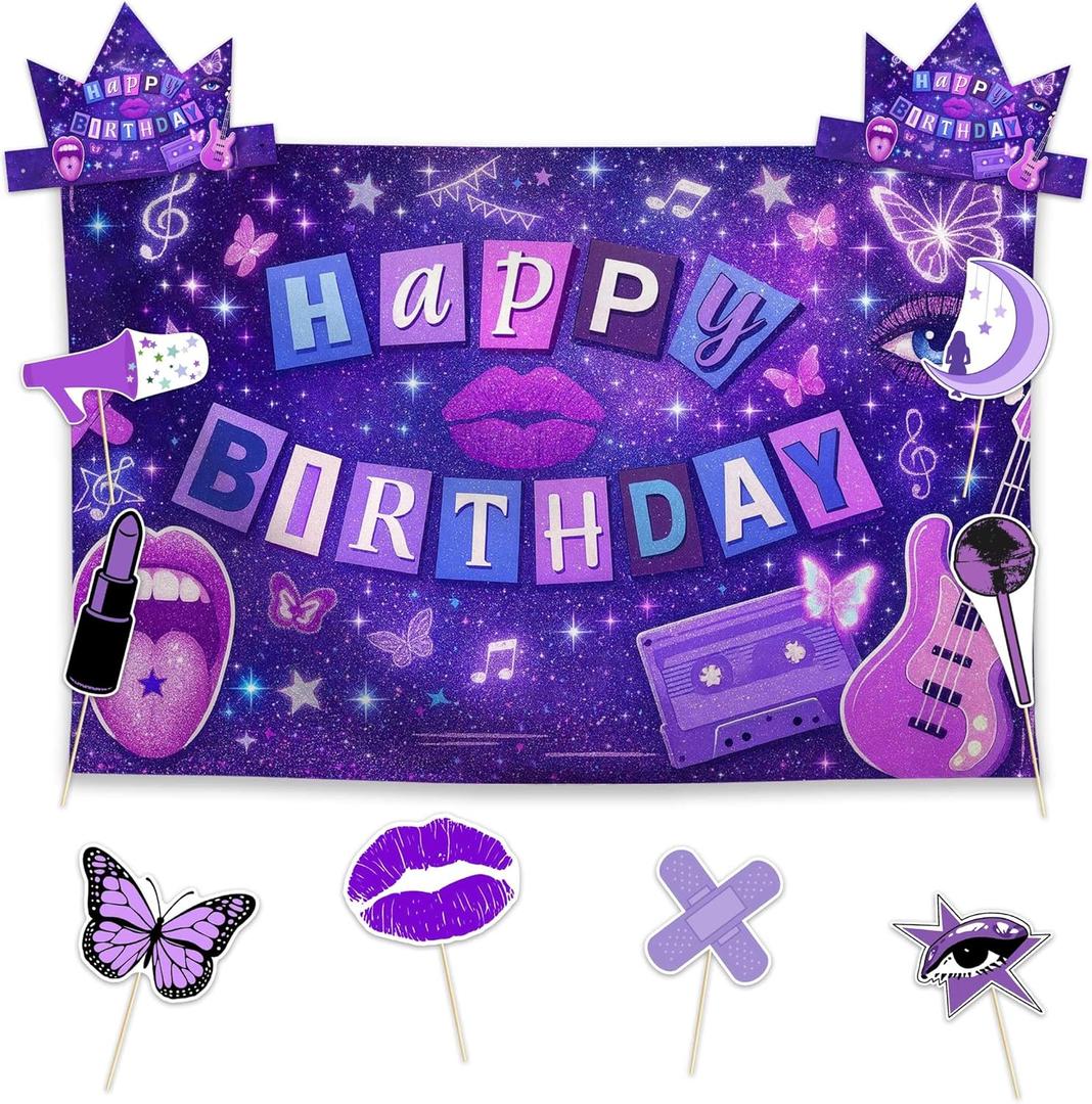 Allenjoy Purple Dream Girls Music Birthday Party Supplies Sets - 1pc 59" x 35" Backdrop, 2pcs Paper Headwear, 8pcs Photo Booth Props