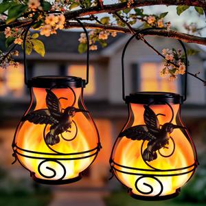 Solar Lanterns Outdoor Waterproof Hummingbird Hanging Solar Lantern Outdoor Garden Decoration Gifts for Mom Grandma Flickering Flame Lights 2 Packs