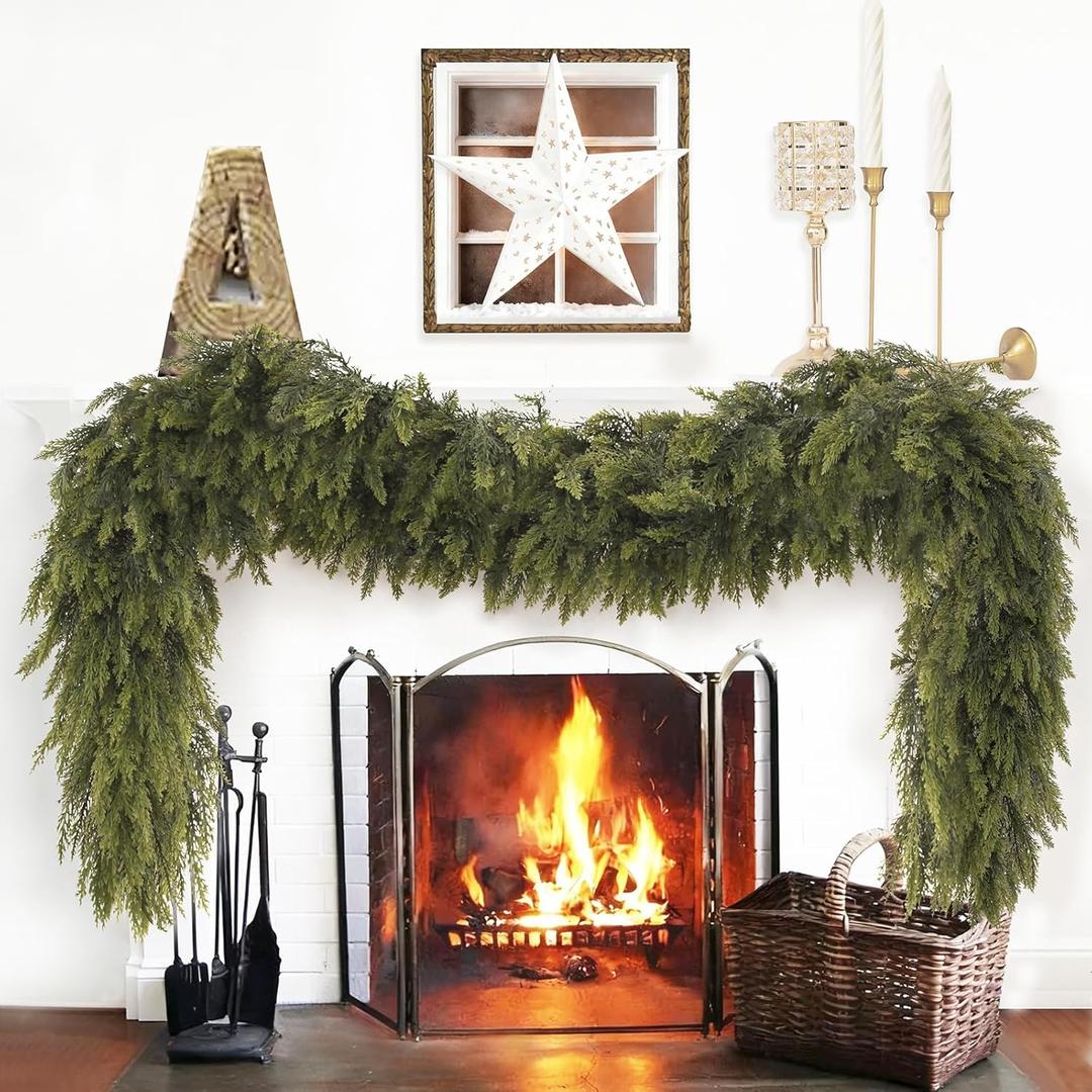 9ft Christmas Cedar Garland, Artificial Realistic Soft Green Garland, Christmas Decorations for Fireplace Mantel Staircase Table Doorframe Indoor Outdoor Holiday Home Decor