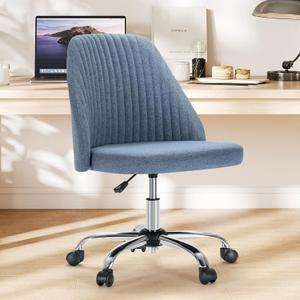 Sweetcrispy Armless Vanity Chair, Cute Comfy Home Office Desk Chair with Wheels, Modern Upholstered Task Computer Seat for Bedroom, Study, Makeup Vanity, Height Adjustable & Swivel, Blue