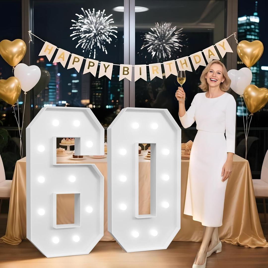 4FT 60 Marquee Numbers, 60 Light up Numbers for Party, 60th Birthday Decorations for Women Men, Big 60 Sign with Light for Anniversary, Birthday Backdrop Decor