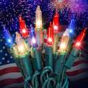 Hopolon Red White and Blue Mini Lights,2PACK 50Count 4th of July Patriotic String Lights Green Wire,13FT Incandescent Independence Day Light for Indoor Outdoor Christmas Party Decor,Red White Blue