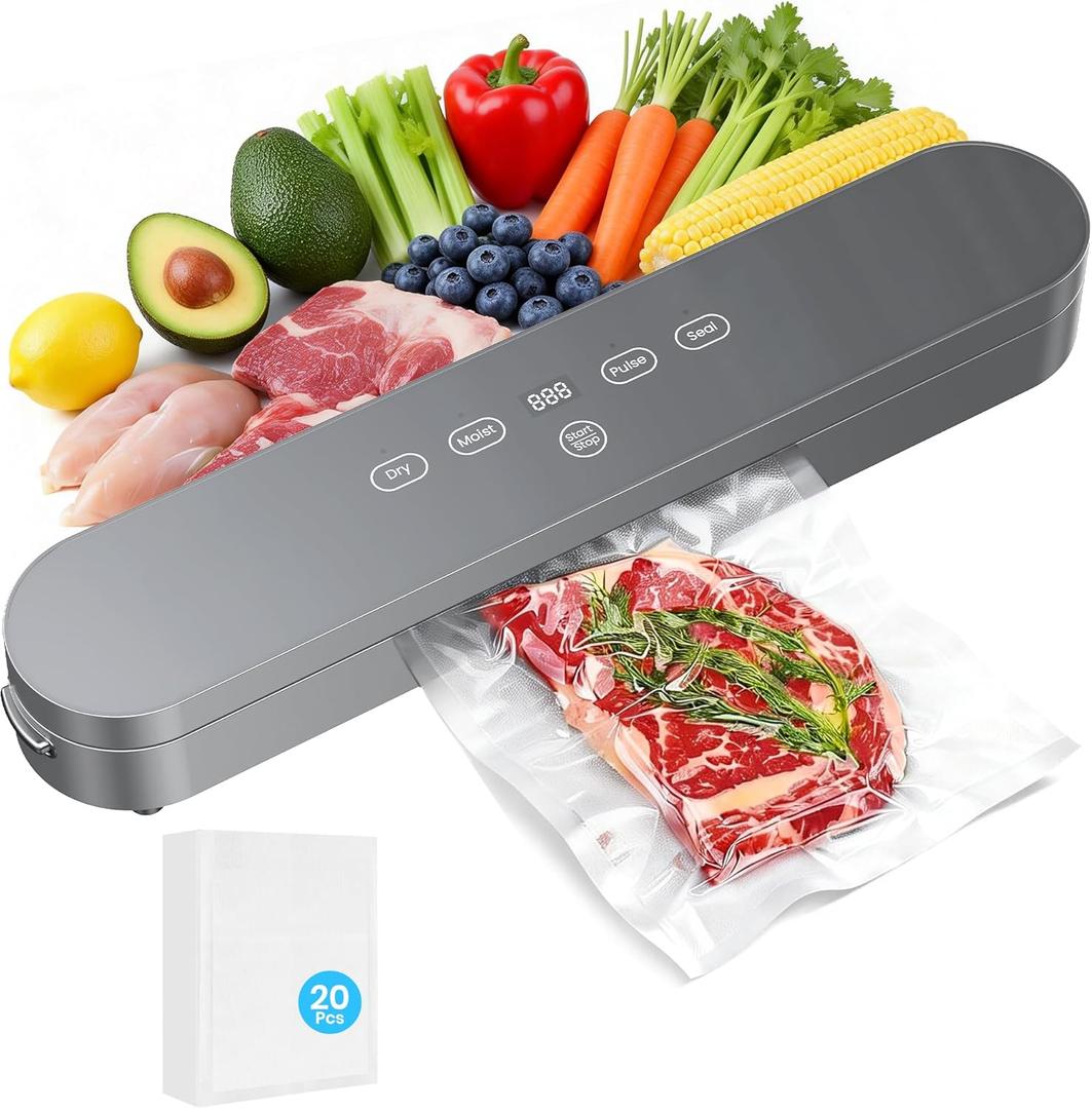 Vacuum Sealer, 75kPa Vacuum Sealer for Food, Digital Timer, Moist/Dry, Pulse, Seal Modes, with 20 Vacuum Bags, Perfect for Freezer Storage