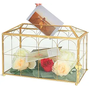 Ripprovt Glass Wedding Card Box with Lock, 12.6x5.9x9 inches Large Gold Card Boxes for Wedding Reception, Graduation, Keepsake Display, Party Centerpiece Gift Box