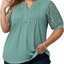 VISLILY Plus-Size-Womens-Summer-Tops Cute Henley V Neck T Shirts Dressy Lace Short Sleeve Blouse Trendy Casual Pleated Tunics (Blue, XL)