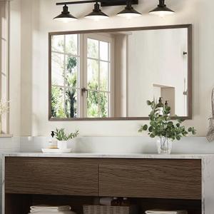 Wood Bathroom Mirror, 40"x24" Walnut Wall Mirror for Over Sink