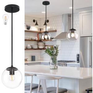 8 Inch Black Mid Century Pendant Light Globe Clear Glass Fixture Lights Kitchen Island Globe Pendant Light Mid Century Adjustable Hanging Farmhouse Lights Fixtures for Kitchen Island