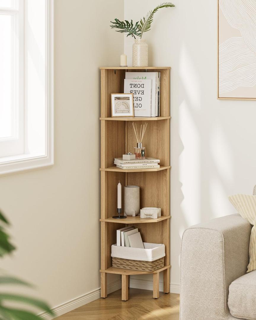 Corner Shelf, 5 Tier Corner Bookshelf, Display Corner Shelf Stand with Storage Rack, Wall Corner Bookshelf for Living Room, Bedroom, Office, Oak