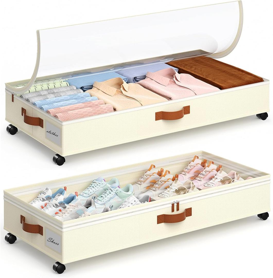 Yecaye Under Bed Storage with Wheels, 65L Under Bed Storage Containers with Adjustable Dividers & Clear Lid, Rolling Underbed Organizer Bins Drawer for Clothes, Shoes, Blankets, 2 Pack