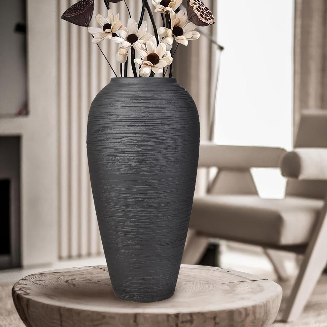 Black Rustic Ceramic Vase Vintage Flower Vases,13.4 Inch Pottery Terracotta Tall Floor Vase Farmhouse Rustic for Minimalism Home Decor Aesthetic Centerpiece Living Room Bedroom Wedding