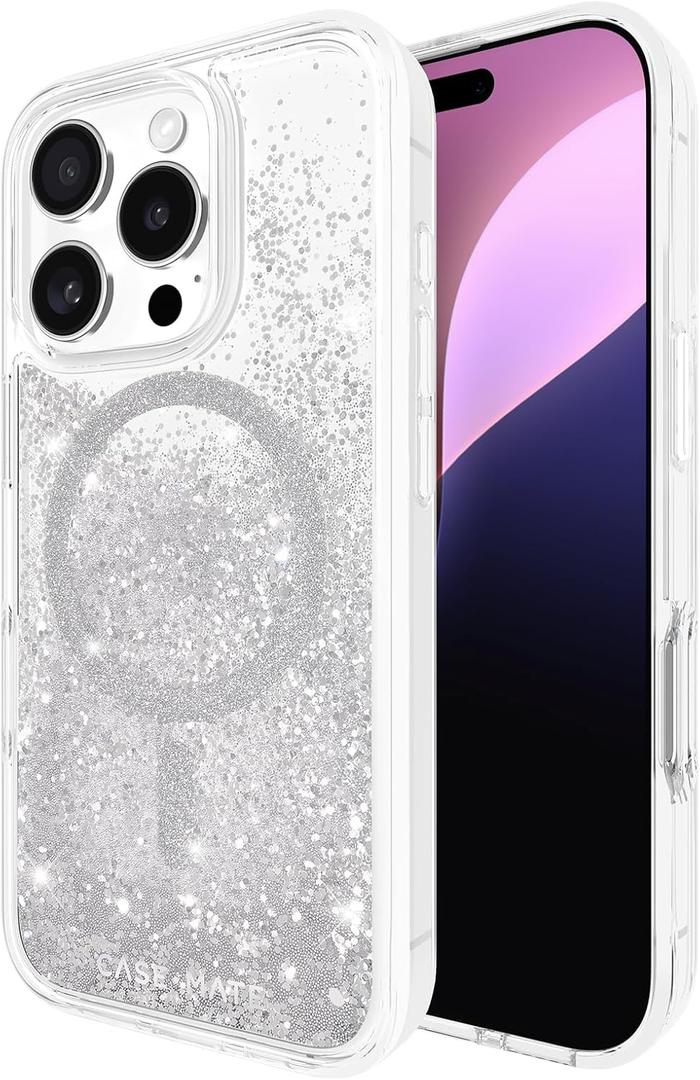 Case-Mate iPhone 16 Pro Case [Compatible with MagSafe] - Sparkly Liquid Glitter Phone Case with 12ft Drop Protection - Premium Magnetic Cover for iPhone 16 Pro - Silver Waterfall