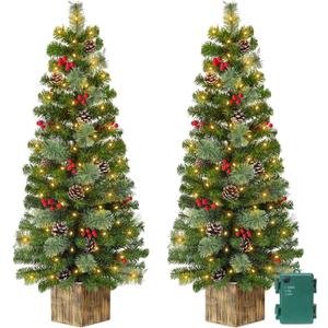 2 Pack 4 Ft Artificial Christmas Entrance Tree in 7Large Base with 60 LEDs Warm White Light Timer Battery Operated 126 Classic Branch 18 Smoky Pine Bristle 14 Pinecone 12 Berries Xmas Door Decor