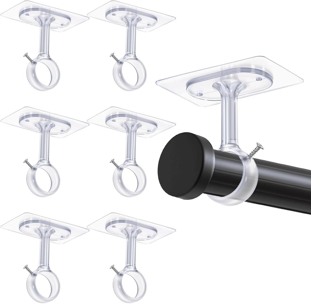 6 Pack Curtain Rod Brackets, No Drill Curtain Rod Holder, Self Adhesive Curtain Rod Holders, Heavy Duty Stick Ceiling Curtain Rod Brackets for Home, Renter, Kitchen, Bedroom, No Wall Damage