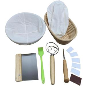 Sourdough Bread Baking Kit  2 Banneton Proofing Baskets With Liners (9 Round & 10 Oval), Dough Whisk, Bread Lame With 5 Blades, Dough Scraper, Silicone Brush