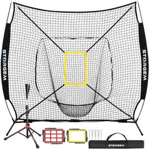 Storgem Baseball and Softball Practice Net 7×7ft Portable Hitting Pitching Batting Training Net Baseball Backstop Net with Batting Tee and Strike Zone and Bow Frame