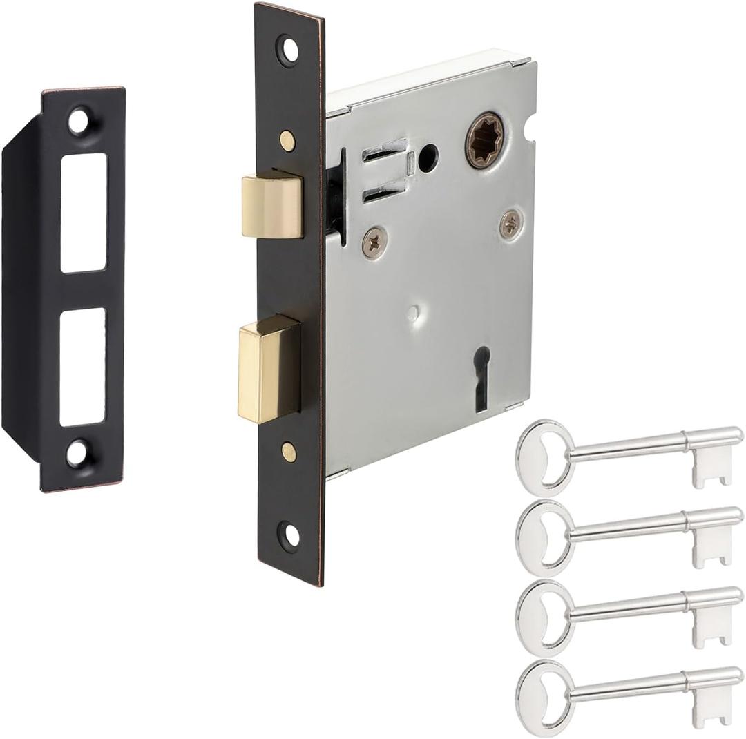 Old Mortise Lock Replacement Parts - Vintage Style Indoor Mortise Lock Assembly Kit with Antique Skeleton Keys and Reversible Latch Bolt, Oil Rubbed Bronze Plated Finish