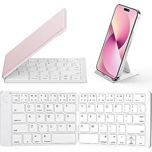 Samsers Foldable Bluetooth Keyboard - Portable Wireless Keyboard with Stand Holder, Rechargeable Full Size Ultra Slim Folding, Compatible iOS Android Windows Smartphone Tablet and Laptop - White (BT x 1)