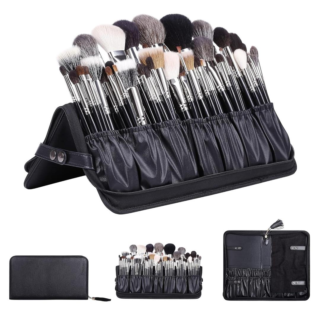 Rownyeon Professional Makeup Brushes Organizer Bag Makeup Artist Cosmetic Case Leather Handbag Black Travel Portable(Only Bag)
