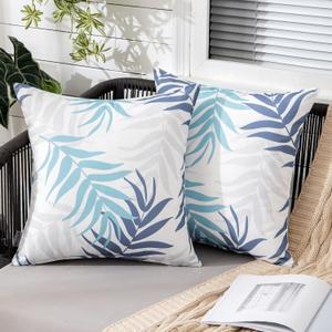 MIULEE Pack of 2 Decorative Outdoor Waterproof Throw Pillow Covers Patio Pillow Cases Natural Leaves Pattern Spring Square Cushion Shams Shell for Garden Balcony Couch 18x18 Inch, Blue