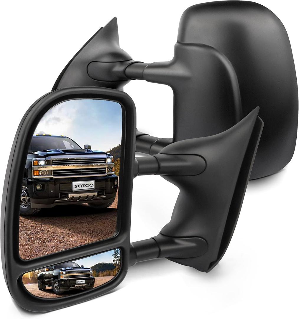 Towing Mirrors For 99-07 for Ford for F250 for F350 for F450 for F550 Super Duty Tow Mirror Manual Black Telescopic Pair Set Driver and Passenger Mirror (00 01 02 03 04 05 for Ford Excursion), Large
