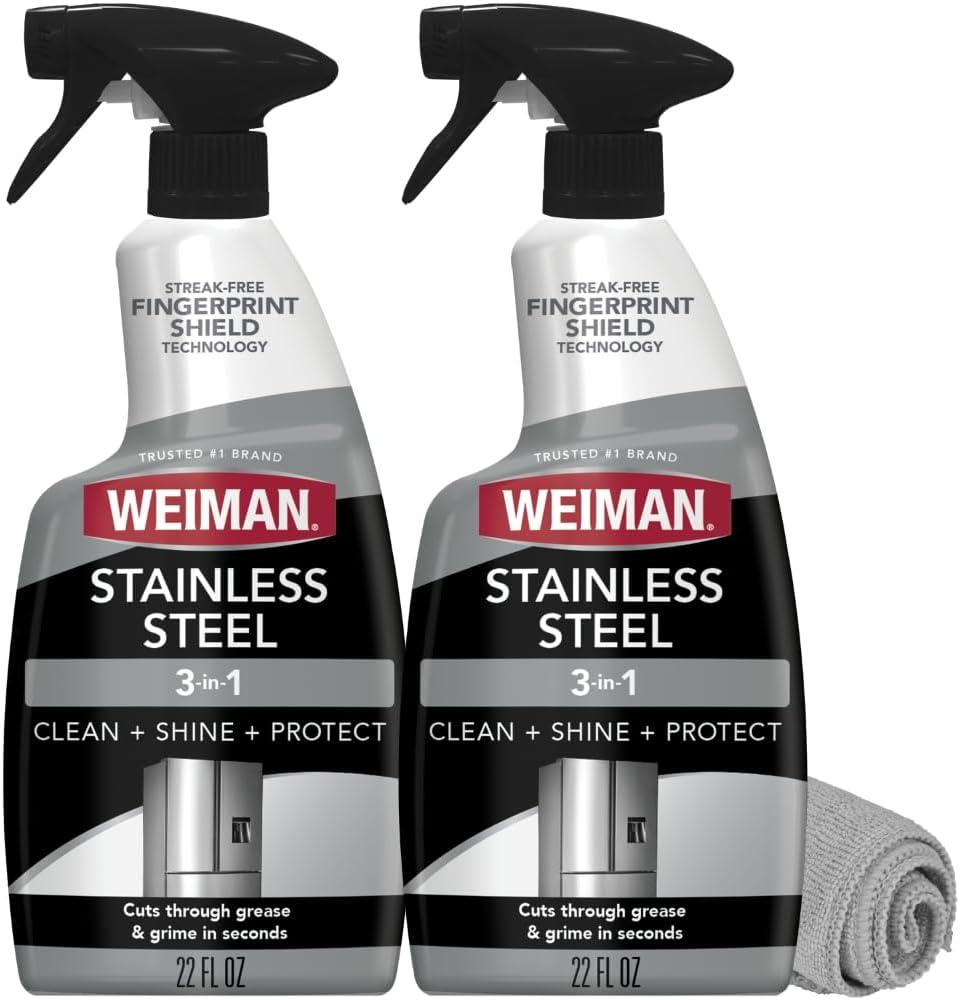 Weiman Stainless Steel Cleaner & Polish, 2 Pack, Anti Fingerprint Spray Stainless Steel Cloth, Water Spots & Grease, No Streaks or Residue, Safe for Metal Polish, Chrome, Appliances, Sinks & Grills
