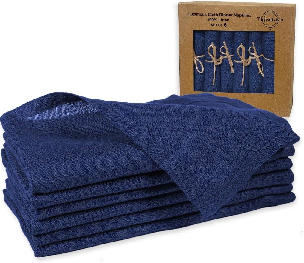 100% Linen Dinner Napkins - Set of 6 Prewashed Cloth Napkins 18x18 Inch - Soft Durable Reusable - Perfect for Dinner Parties Weddings Christmas Everyday Use - Elegant Napkins Navy Blue