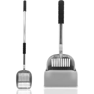 PINVNBY Cat Litter Scooper, Long Handle Litter Sifter Scoop with Litter Scoop Holder Stainless Steel Kitten Scooper Deep Kitty Litter Scooper with Box Metal Detachable Sifting Litter Shovel Set (Silver)