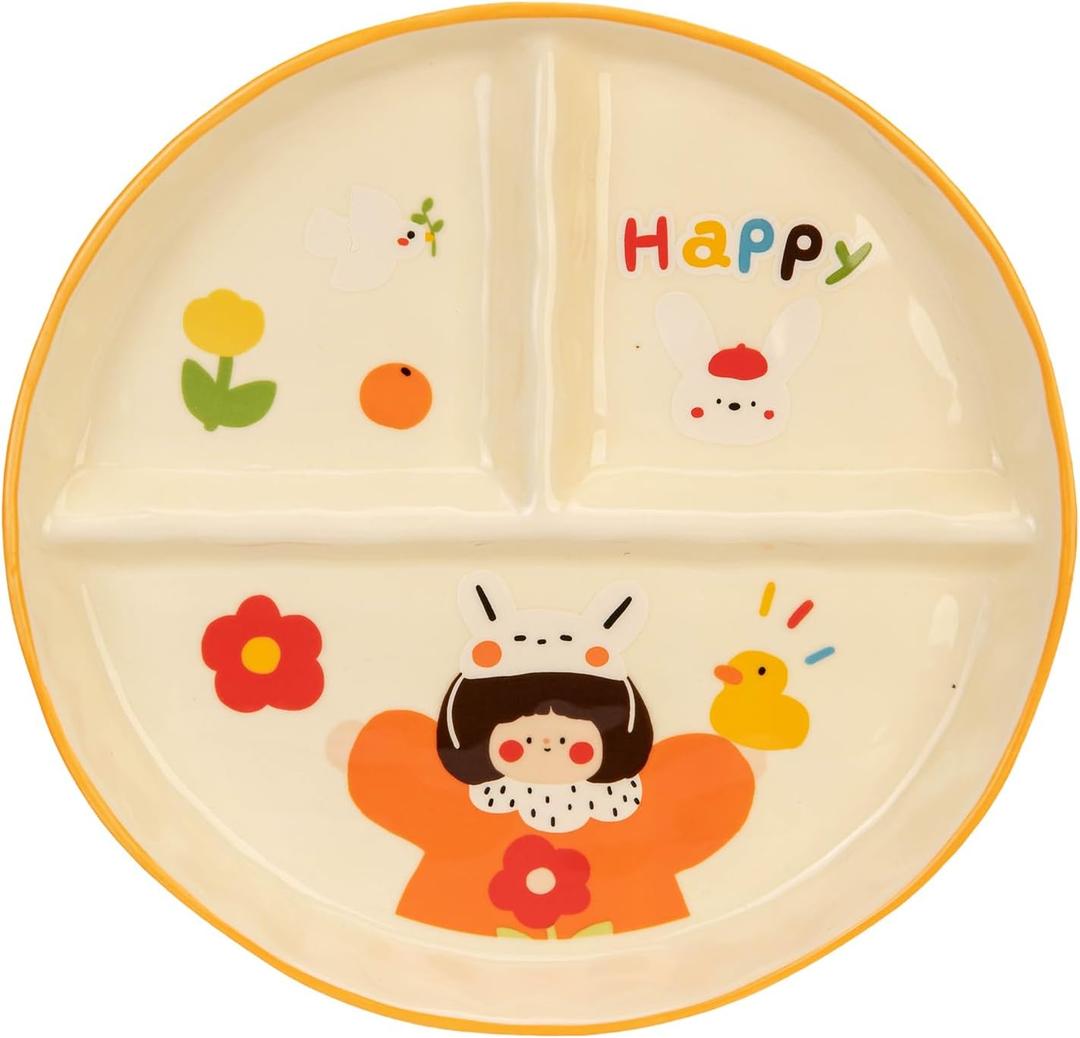 Divided Ceramic Plate, 3-Compartment Toddler Portion Control Tray, Family Series Healthy Sectioned Dinnerware for Kids, Microwave & Dishwasher Safe (Girl)