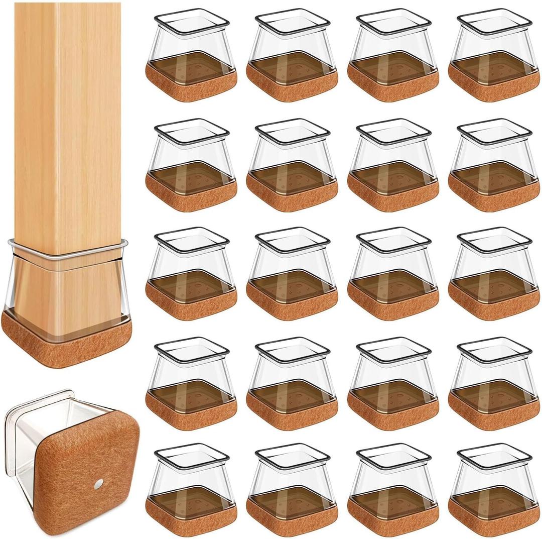 OCONDA 20 Pcs Chair Leg Floor Protectors for Hardwood Floors, Clear Rubber Furniture Sliders with Felt, Silicone Furniture Leg Caps Covers (Fit Square Diameter:1-8/16" to 1-12/16")