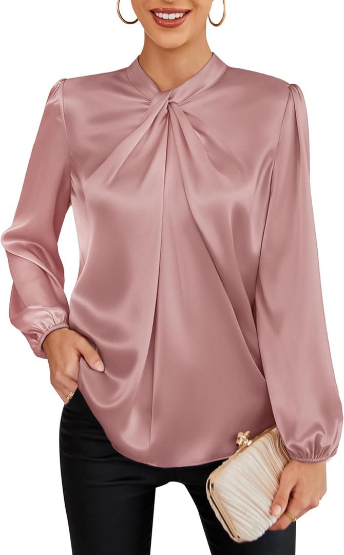 GRACE KARIN Women's Long Sleeve Satin Blouse,Mock Neck Work Silk Shirts,Dressy Tops for Business Casual Office (Large, Pink)