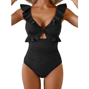 Aidonger Women's One Piece Swimsuit Tummy Control Ruffle Bathing Suit V Neck Ruched Swim Suit Slimming Cutout Swimwear Black, XL