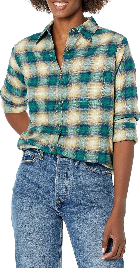 Dickies Womens Long Sleeve Plaid Flannel Shirt (Small, Ombre Khaki Green Plaid)