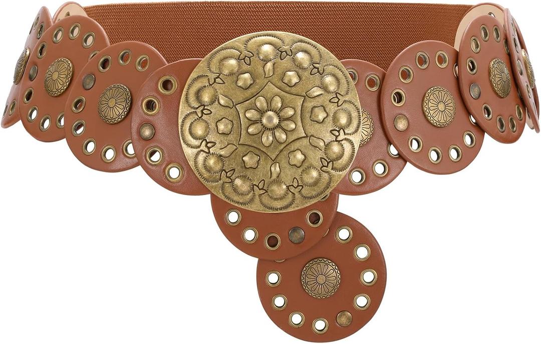 XZQTIVE Women's Boho Disc Belt Western Leather Belt Vintage Concho Belt Wide Cowgirl Belt for Dress Jeans with Metal Buckle, Brown(Bronze Disc), L: 41.3in/ 105cm
