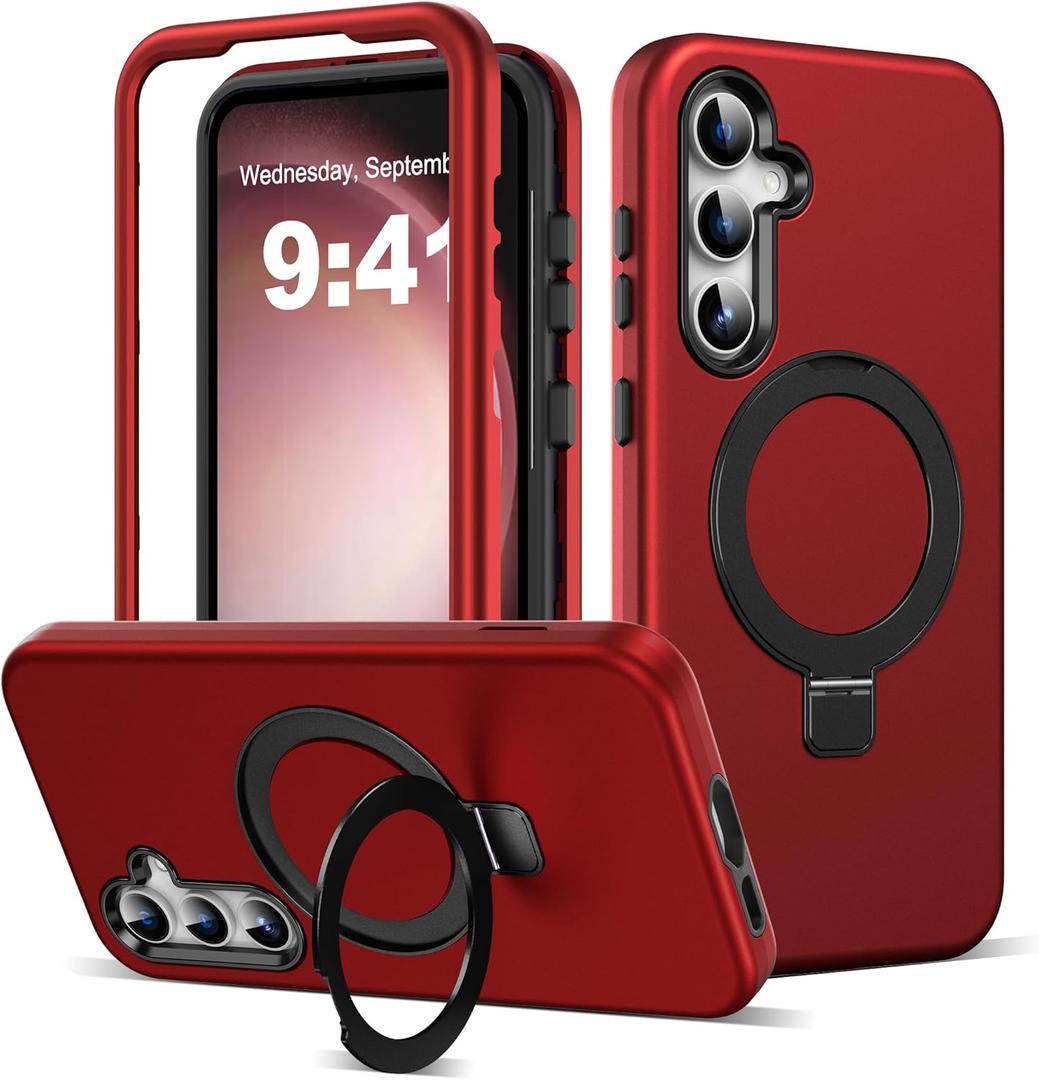 Designed for Samsung Galaxy S25 FE Case with Magnetic Ring Stand [Compatible with Mag-Safe][Military Grade Drop Protection][Build in Kickstand] S25 FE Phone Case 6.7",Red