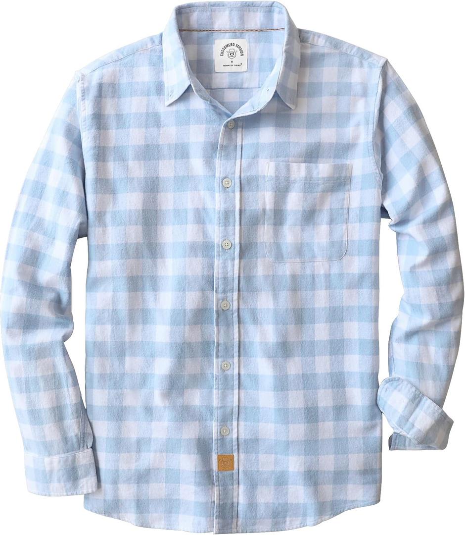 Dubinik 6 oz Flannel Shirt for Men Pure Cotton Soft Warm Long Sleeve Plaid Shirts Casual Button Down for Outdoor Wear (Blue, L)