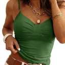 Tankaneo Womens Summer Y2k Spaghetti Strap Tops V Neck Slim Fit Backless Crop Tops Going Out Ruched Cami Shirts (Green)