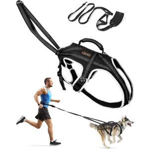 Dog Pulling Harness for Running, Skiing, Biking & Weight Pulling  Adjustable Sled Dog Harness with Leash & Waist Leash Attachment for Medium & Large Breeds (M)