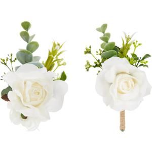Meldel White Corsage and Boutonniere Set, Ivory Boutonniere, Prom Flower Wrist Corsage Bracelets, Homecoming Corsage Wristlet, Men Boutonniere for Wedding Flowers Accessories Prom Suit Decorations