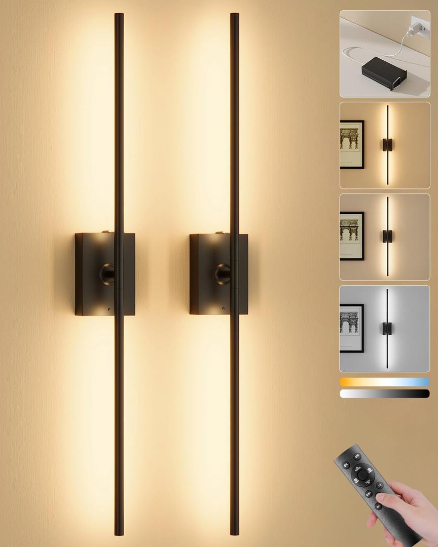 Ouyulong Battery Operated Wall Sconces Set of 2, 10000mAh Wireless Rechargeable 3000-6000K Dimmable 350 Rotate Wall Light with Remote for Living Room, Bedroom 23.6in Black