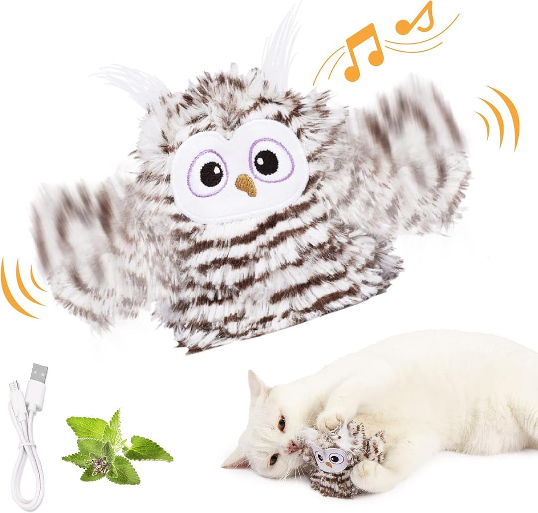 Kimee Interactive Cat Toy Rechargeable Automatic Chirping Owl Kitten Toy with Catnip, Auto Beating Wings Flying Bird Cat Toys for Indoor Cats to Play Alone, Never Boredom