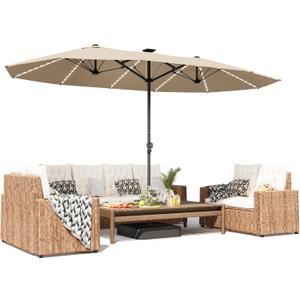 15FT Large Patio Umbrella (No Base, Beige-with Light)