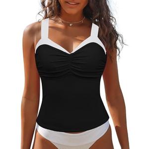 GRAPENT Tankini Tops for Women Colorblock Ruched Swimsuits Beach Padded Adjustable Straps Modest Swimwear Swim Tops Only, XL