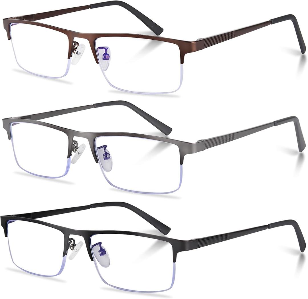 3-Pack Reading Glasses for Men, Lightweight Metal Half Frame Blue Light Blocking Computer Readers, Stylish Filter UV Ray/Computer Glare with Spring Hinge Eyeglasses(3PCS Mix Color,+2.25)