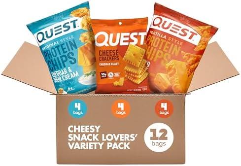 Quest Nutrition Cheese Lovers Variety Pack, Nacho Tortilla Style Protein Chips x4, Cheddar & Sour Cream Chips x4, Cheddar Blast Crackers x4, 12 Count By 02/2026