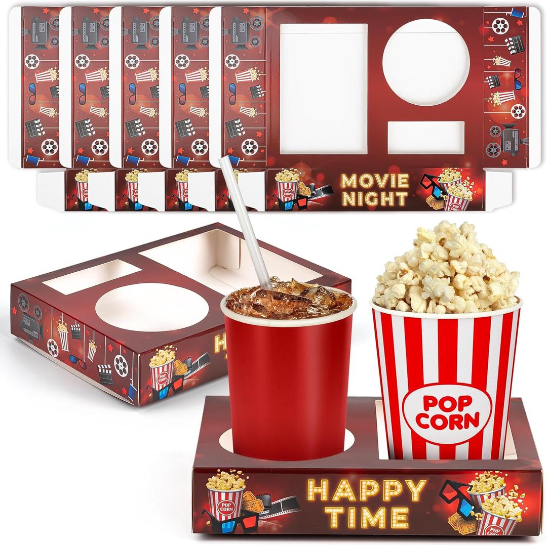 16Pcs Movie Night Snack Trays Disposable Paper Popcorn Drink Holder Theater Food Boxes for Cinema Supplies Family Party Decoration 7.87x5.91x1.57inch Retro Style